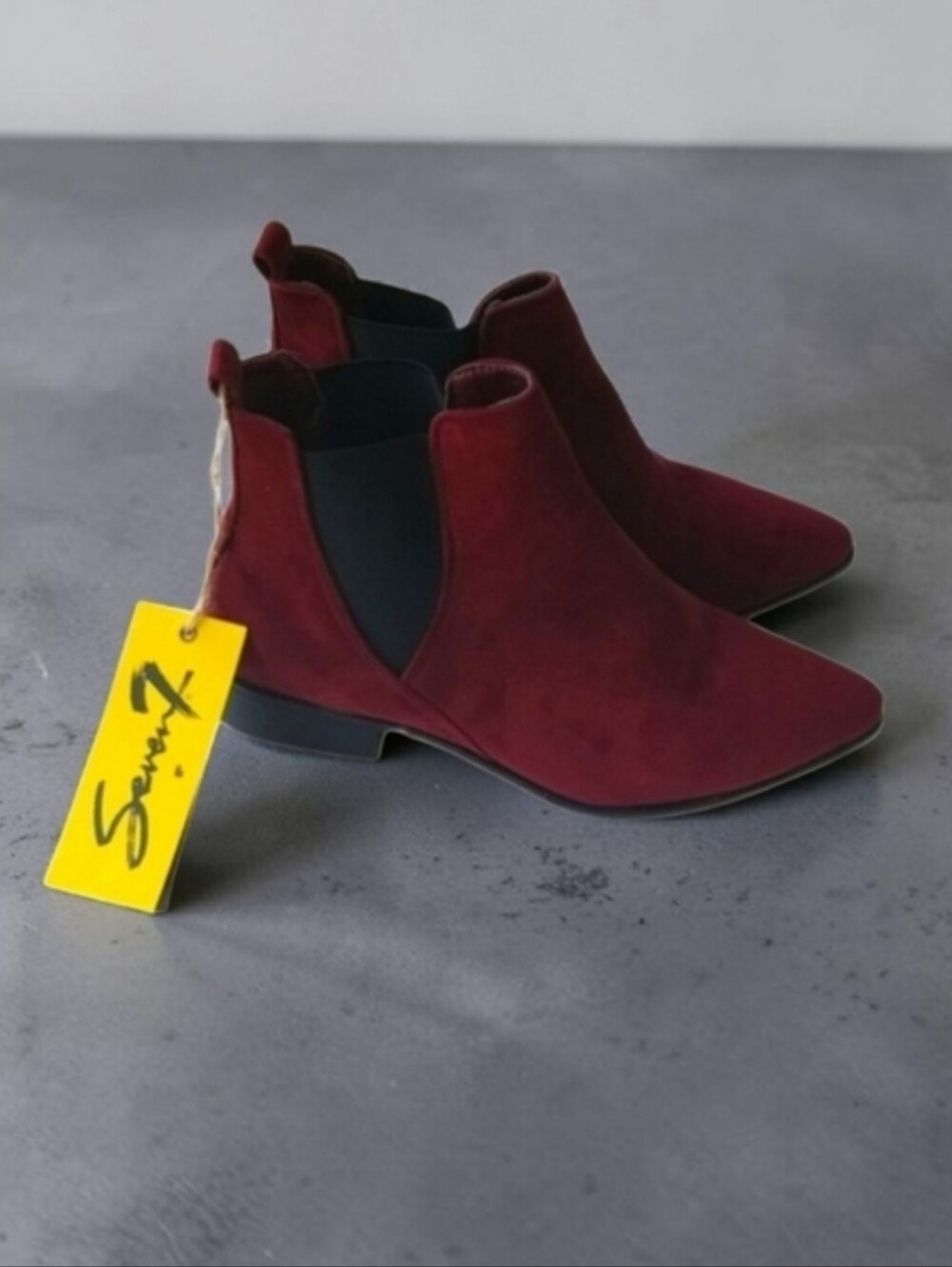 NEW Burgundy Vegan Suede Low Heel Ankle Booties Boots Womens Shoes, 6.5